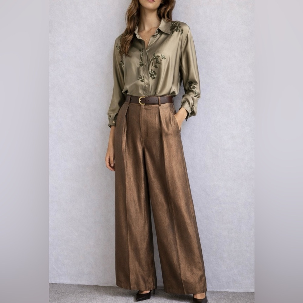 Anthropology See U Soon Pleated Metallic Wide Leg Viscose Pant, size small